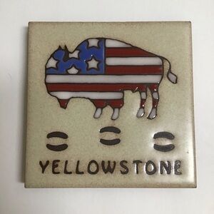 Yellowstone Montana Bison American Flag US Ceramic Tile Art Coaster 4x4” Vintage